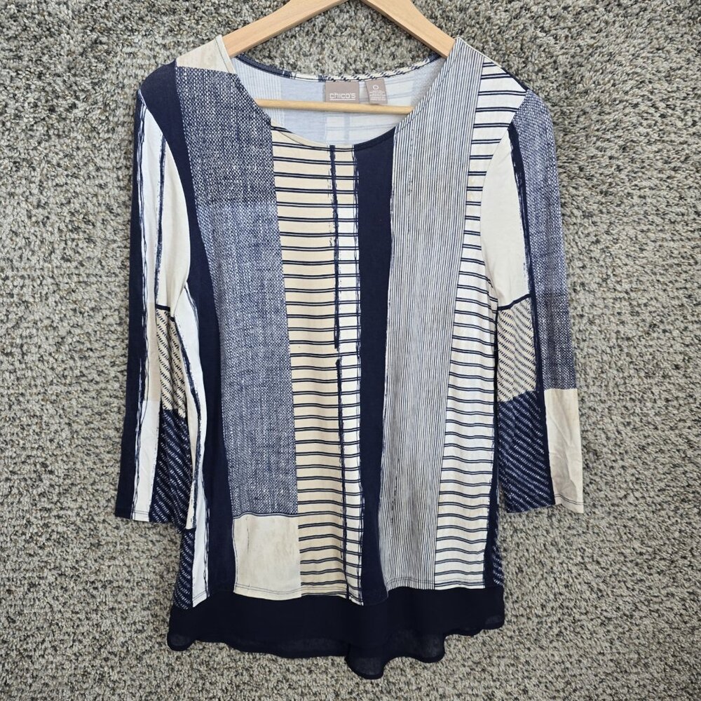 Chicos Top Womens 0 US Small Blue Scoop‎ Neck Printed Stretch Tee Casual Ladies